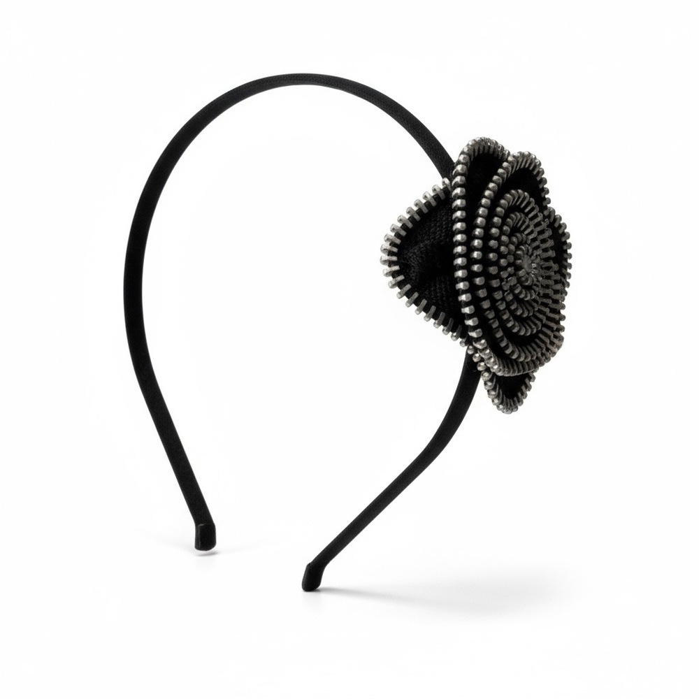 Black Silk & Silver Zipper-Edge Floral Headband Handmade
